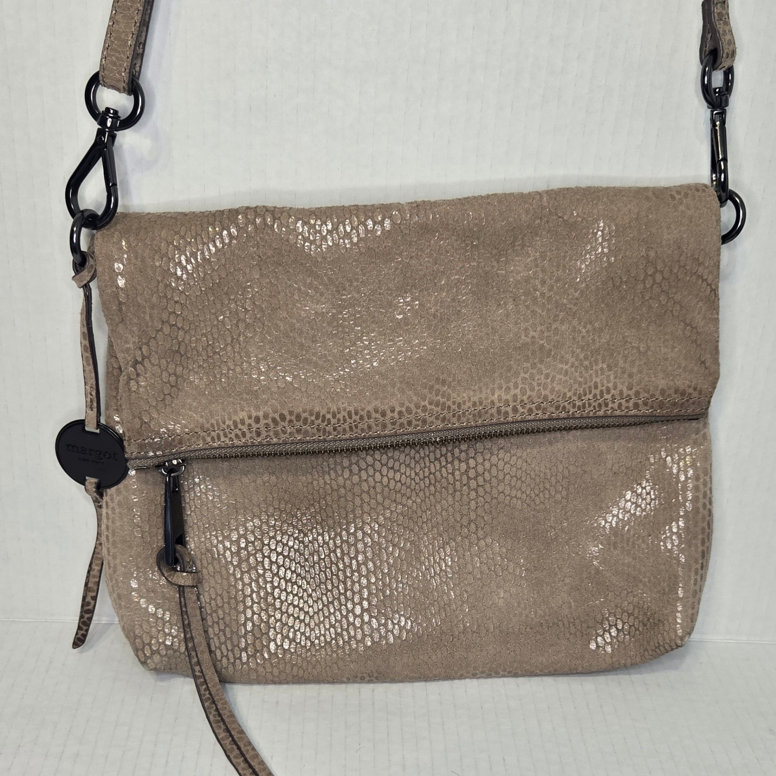 Margot New York Snakeskin Embossed Foldover Crossbody Bag Taupe Metallic Leather